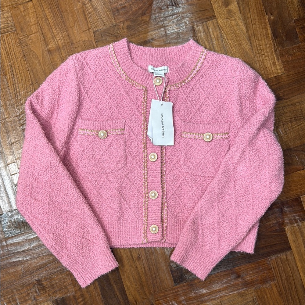 NWT Pink Textured Cardigan with Gold Accents